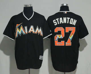 Men's Miami Marlins #27 Giancarlo Stanton Black Team Logo Ornamented Stitched MLB Majestic Cool Base Jersey
