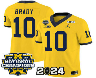 Men's Michigan Wolverines #10 Tom Brady Yellow FUSE With 2023 National Champions Patch Stitched Jersey