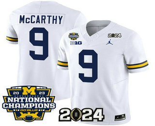 Men's Michigan Wolverines #9 JJ McCarthy White FUSE With 2023 National Champions Patch Stitched Jersey