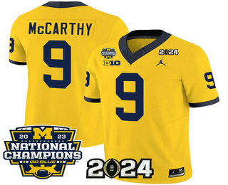 Men's Michigan Wolverines #9 JJ McCarthy Yellow FUSE With 2023 National Champions Patch Stitched Jersey