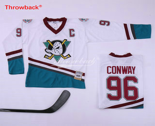 Men's Mighty Ducks Of Anaheim #96 Charlie Conway 1995-96 White CCM Throwback Stitched Vintage Hockey Jersey