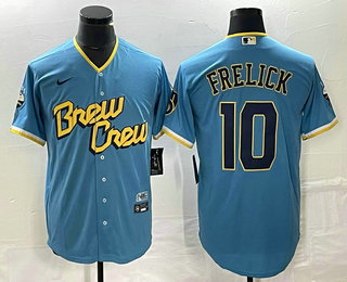Men's Milwaukee Brewers #10 Sal Frelick Blue 2022 City Connect Cool Base Stitched Jersey