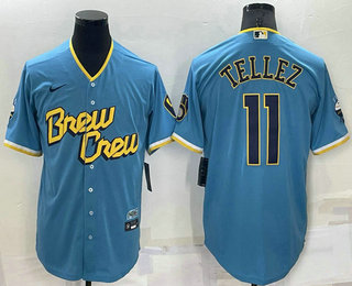 Men's Milwaukee Brewers #11 Rowdy Tellez Blue 2022 City Connect Cool Base Stitched Jersey