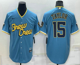 Men's Milwaukee Brewers #15 Tyrone Taylor Blue 2022 City Connect Cool Base Stitched Jersey