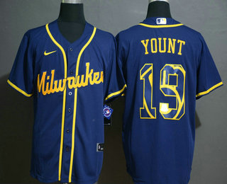 Men's Milwaukee Brewers #19 Robin Yount Blue Team Logo Stitched MLB Cool Base Nike Jersey