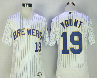 Men's Milwaukee Brewers #19 Robin Yount Retired White Pinstripe Stitched MLB Majestic Flex Base Jersey