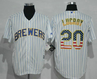 Men's Milwaukee Brewers #20 Jonathan Lucroy White Pinstripe USA Flag Fashion MLB Baseball Jersey