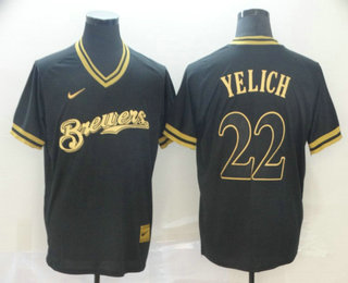 Men's Milwaukee Brewers #22 Christian Yelich Black Gold Nike Cooperstown Legend V Neck Jersey