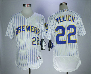 Men's Milwaukee Brewers #22 Christian Yelich White Pinstripe Home Stitched MLB Majestic Flex Base Jersey