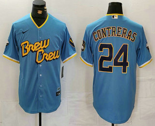 Men's Milwaukee Brewers #24 William Contreras Blue 2022 City Connect Cool Base Stitched Jersey