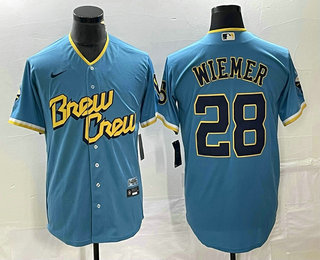 Men's Milwaukee Brewers #28 Joey Wiemer Blue 2022 City Connect Cool Base Stitched Jersey
