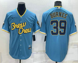 Men's Milwaukee Brewers #39 Corbin Burnes Blue 2022 City Connect Cool Base Stitched Jersey
