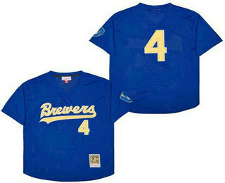 Men's Milwaukee Brewers #4 Paul Molitor Blue Mesh Throwback Jersey