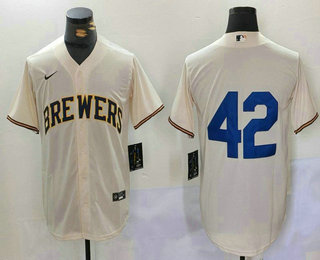 Men's Milwaukee Brewers #42 Jackie Robinson Cream Stitched Cool Base Nike Jersey