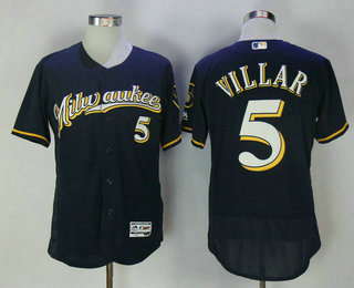 Men's Milwaukee Brewers #5 Jonathan Villar NEW Navy Blue Stitched MLB Majestic Flex Base Jersey