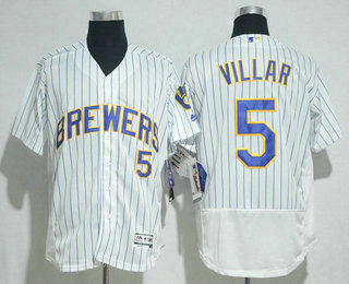 Men's Milwaukee Brewers #5 Jonathan Villar White Pinstripe Stitched MLB 2016 Majestic Flex Base Jersey