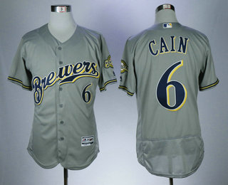 Men's Milwaukee Brewers #6 Lorenzo Cain Gray Road Stitched MLB Majestic Flex Base Jersey