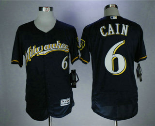 Men's Milwaukee Brewers #6 Lorenzo Cain Navy Blue Milwaukee Stitched MLB Majestic Flex Base Jersey