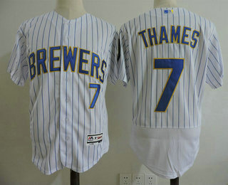 Men's Milwaukee Brewers #7 Eric Thames White Pinstripe Home Stitched MLB Majestic Flex Base Jersey