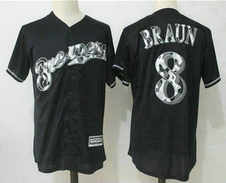 Men's Milwaukee Brewers #8 Ryan Braun Black Team Logo Ornamented Stitched MLB Majestic Cool Base Jersey