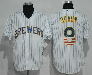 Men's Milwaukee Brewers #8 Ryan Braun White Pinstripe USA Flag Fashion MLB Baseball Jersey