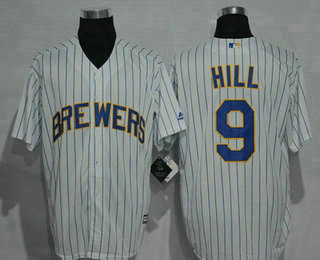 Men's Milwaukee Brewers #9 Aaron Hill White Pinstirpe Stitched Baseball Jersey