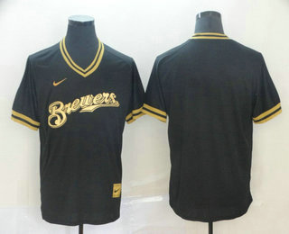 Men's Milwaukee Brewers Blank Black Gold Nike Cooperstown Legend V Neck Jersey