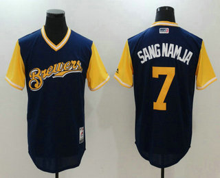 Men's Milwaukee Brewers Eric Thames #7 Sang Namja Majestic Navy 2017 Little League World Series Players Weekend Stitched Nickname Jersey