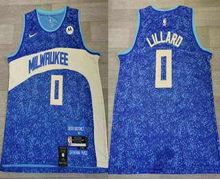 Men's Milwaukee Bucks #0 Damian Lillard Blue 2023 City Icon Sponsor Swingman Jersey