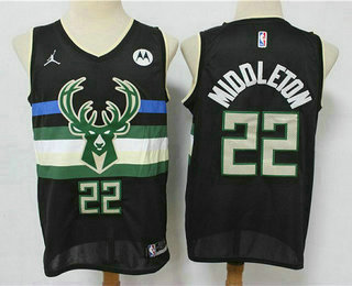 Men's Milwaukee Bucks #20 Khris Middleton Black 2021 Brand Jordan Swingman Stitched Jersey With NEW Sponsor Logo