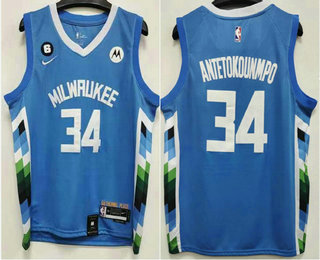 Men's Milwaukee Bucks #34 Giannis Antetokounmpo  2022 Blue City Edition With 6 Patch Stitched Jersey With Sponsor