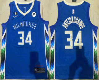 Men's Milwaukee Bucks #34 Giannis Antetokounmpo 2022 Blue City Edition With 6 Patch Stitched Jersey With Sponsor