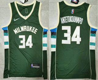 Men's Milwaukee Bucks #34 Giannis Antetokounmpo 75th Anniversary Diamond Green 2021 Stitched Jersey