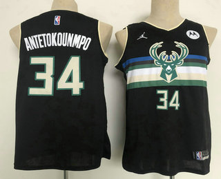 Men's Milwaukee Bucks #34 Giannis Antetokounmpo Black 2021 Brand Jordan Swingman Stitched Jersey With NEW Sponsor Logo