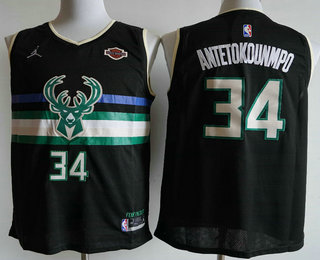 Men's Milwaukee Bucks #34 Giannis Antetokounmpo Black 2021 Brand Jordan Swingman Stitched Jersey With Sponsor Logo