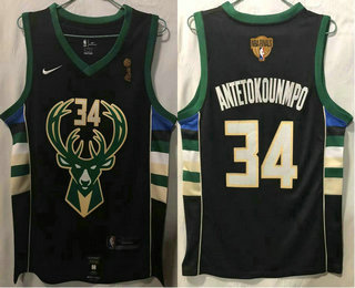 Men's Milwaukee Bucks #34 Giannis Antetokounmpo Black 2021 Champions Nike Swingman Stitched Jersey