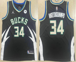 Men's Milwaukee Bucks #34 Giannis Antetokounmpo Black 2023 Jordan Swingman Stitched Jersey With Sponsor