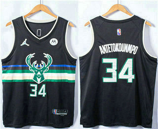 Men's Milwaukee Bucks #34 Giannis Antetokounmpo Black 75th Anniversary Diamond Jordan 2021 Stitched Jersey With Sponsor