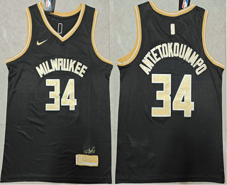 Men's Milwaukee Bucks #34 Giannis Antetokounmpo Black Gold 2024 Stitched Jersey
