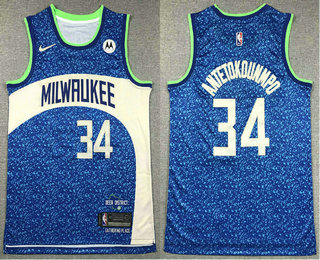 Men's Milwaukee Bucks #34 Giannis Antetokounmpo Blue 2023 City Icon Sponsor Swingman Jersey