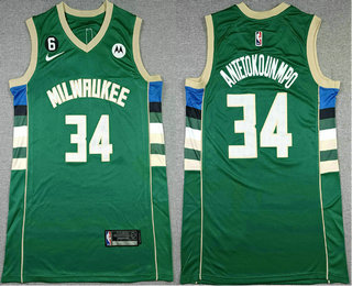 Men's Milwaukee Bucks #34 Giannis Antetokounmpo Green With No 6 Patch 2022 Stitched Jersey With Sponsor