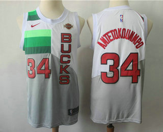 Men's Milwaukee Bucks #34 Giannis Antetokounmpo Grey With White Nike Swingman 2018 playoffs Earned Edition Stitched Jersey With The Sponsor Logo