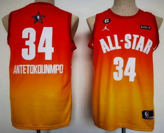 Men's Milwaukee Bucks #34 Giannis Antetokounmpo Red 2023 All Star 6 Patch Icon Sponsor Swingman Jersey