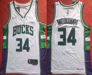 Men's Milwaukee Bucks #34 Giannis Antetokounmpo White Diamond 2022 City Edition Swingman Stitched Jersey