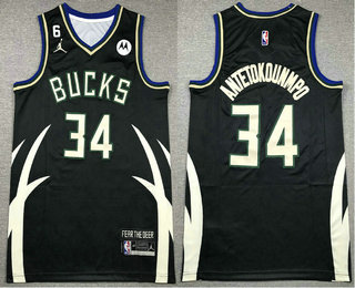 Men's Milwaukee Bucks #34 Giannis AntetokounmpoBlack 6 Patch 2022 Statement Icon Sponsor Swingman Jersey