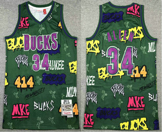 Men's Milwaukee Bucks #34 Ray Allen Green Doodle Fashion Swingman Throwback Jersey