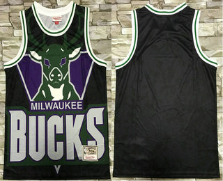 Men's Milwaukee Bucks Black Big Face Mitchell Ness Hardwood Classics Soul Swingman Throwback Jersey