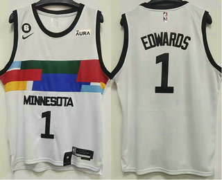 Men's Minnesota Timberwolves #1 Anthony Edwards 2022 White City Edition With 6 Patch Stitched Jersey With Sponsor