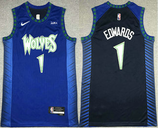 Men's Minnesota Timberwolves #1 Anthony Edwards Blue Black Diamond 2022 City Edition Swingman Stitched Jersey With Sponsor