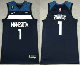 Men's Minnesota Timberwolves #1 Anthony Edwards Navy 6 Patch 2022 Statement Icon Sponsor Swingman Jersey